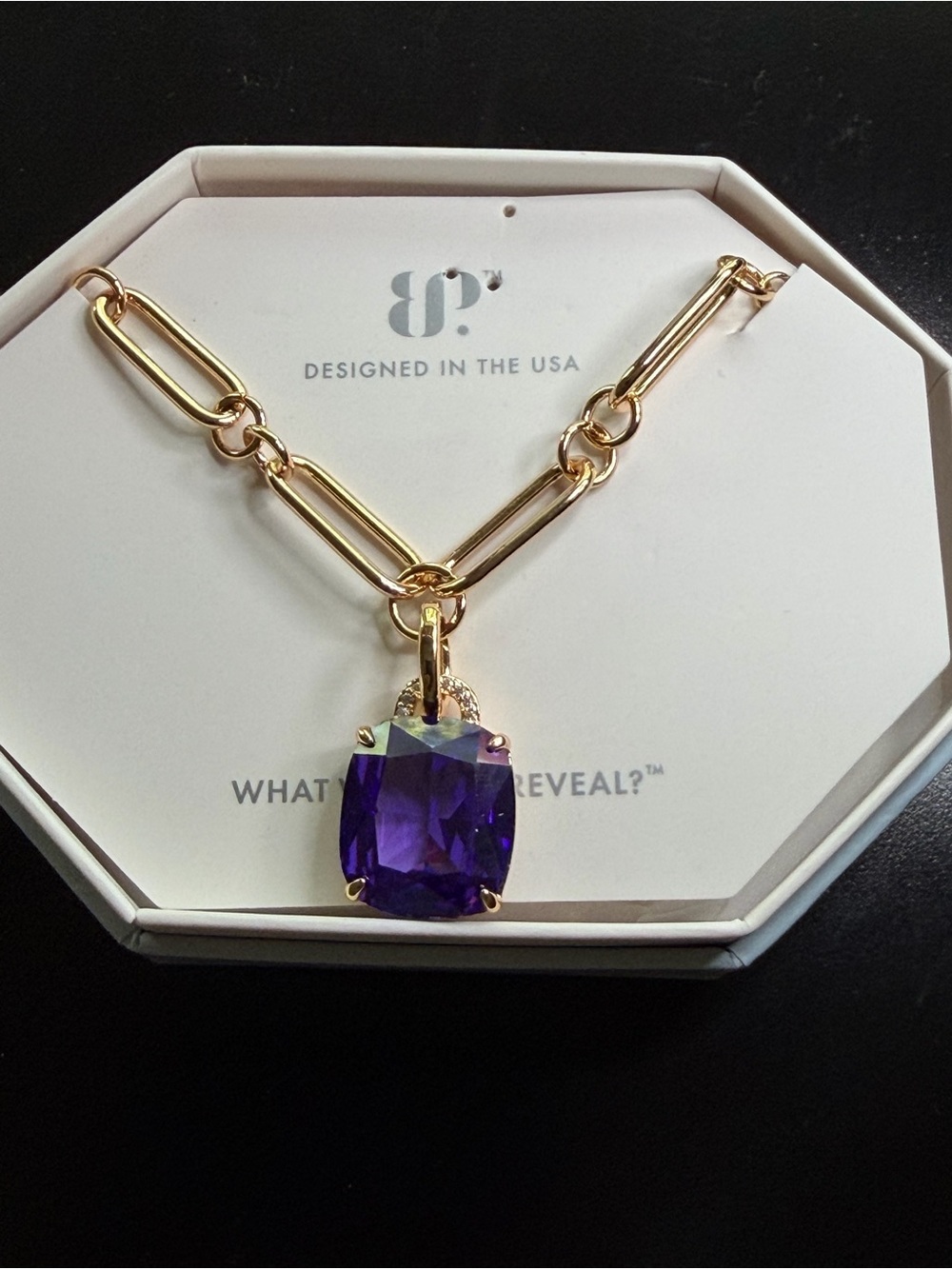Gold Link Necklace with Purple Pendant